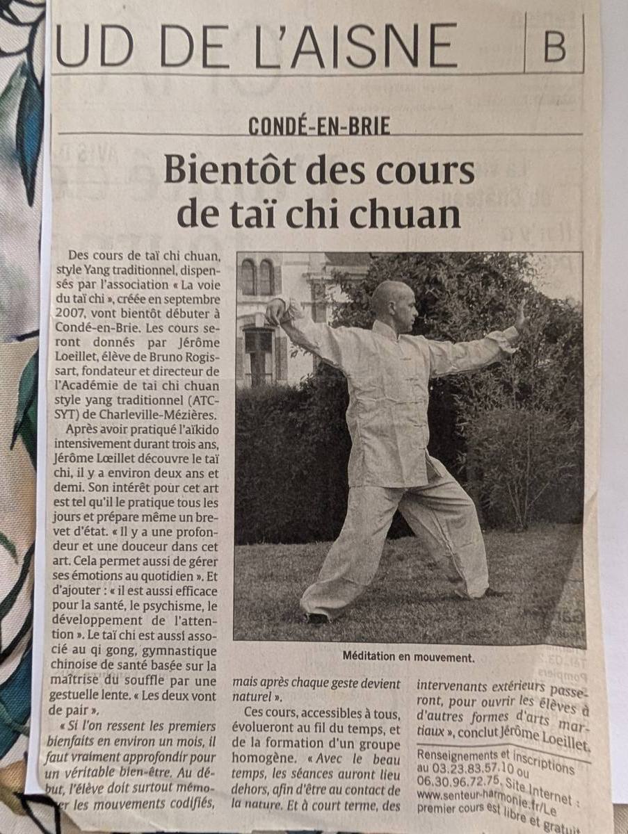 Article de presse : Bientôt des cours de tai chi chuan, Condé-en-Brie